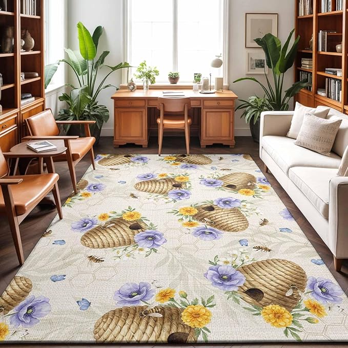Area Rug 3x5ft, Garden Beehives Honeybees Washable Rugs for Living Room Bedroom, Country Purple Floral Soft Non-Slip Area Rugs Rectangle Floor Carpet for Dining Room