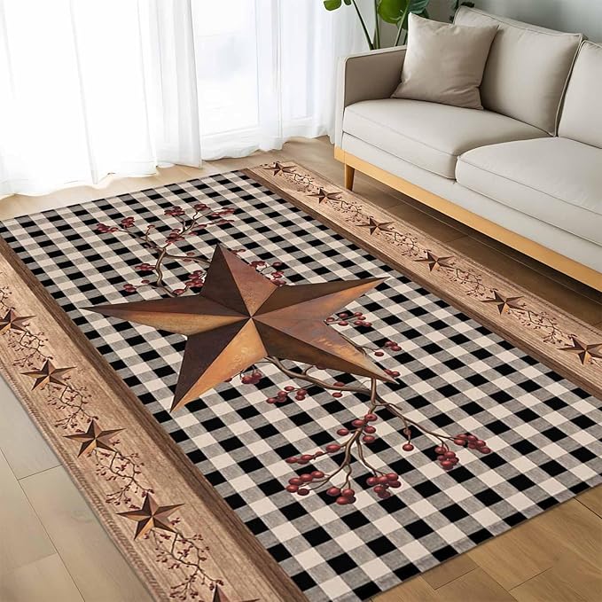 Brown Texas Star Retro 5x8 Area Rugs, Country Star Non-Skid Rubber Backing Large Rectangle Rugs - Living Room Bedroom Home Office, Black White Plaid Wooden Indoor Floor Mat Carpets Washable Rug