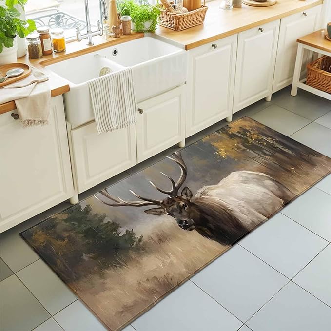 Runner Rug for Bedroom Hallway, Brown Animals Elk Kitchen Runner Rugs Area Rug 2x6ft, Retro Forest Landscape Washable Soft Floor Carpet for Entryway Stair