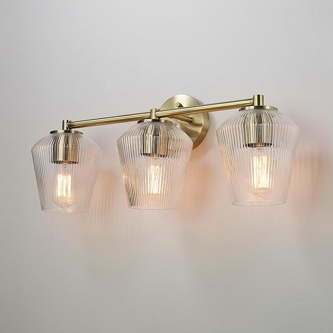 GLOBE Electric 63000063 5-Piece All-in-One Bathroom Set, Matte Brass Finish, 3-Light Vanity Light, Glass Shades, Towel Bar, Toilet Paper Holder, Towel Ring, Robe Hook, Bathroom Lights Over Mirror