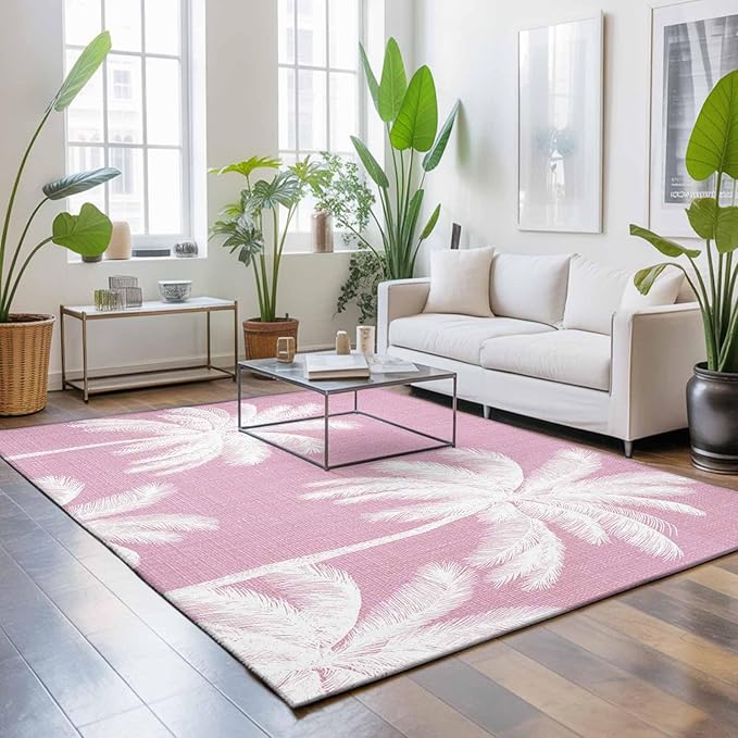 Area Rug 9x12ft, Boho Pink Palm Trees Vintage Washable Rugs for Living Room Bedroom Rectangle Floor Carpet, Summer Tropical Leaves Soft Non-Slip Area Rugs for Dining Room