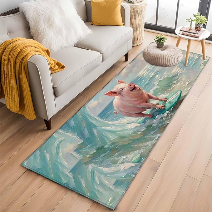 Runner Rug for Bedroom Hallway, Surfing Farm Pink Pig Kitchen Runner Rugs Area Rug 2x6ft, Summer Blue Sea Wave Beach Washable Soft Floor Carpet for Entryway Stair