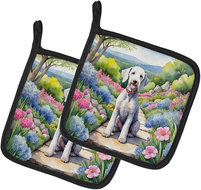 Caroline's Treasures Bedlington Terrier Spring Garden Pair of Pot Holders Kitchen Heat Resistant Pot Holders Sets Oven Hot Pads for Cooking Baking BBQ, 7 1/2 x 7 1/2