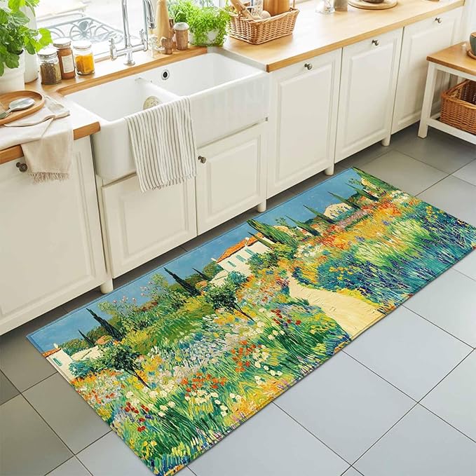 Runner Rug for Bedroom Hallway, Pastoral Floral Pink Yellow Flower Green Leaves Kitchen Runner Rugs Area Rug 2x6ft, Farm Plants Washable Soft Floor Carpet for Entryway Stair