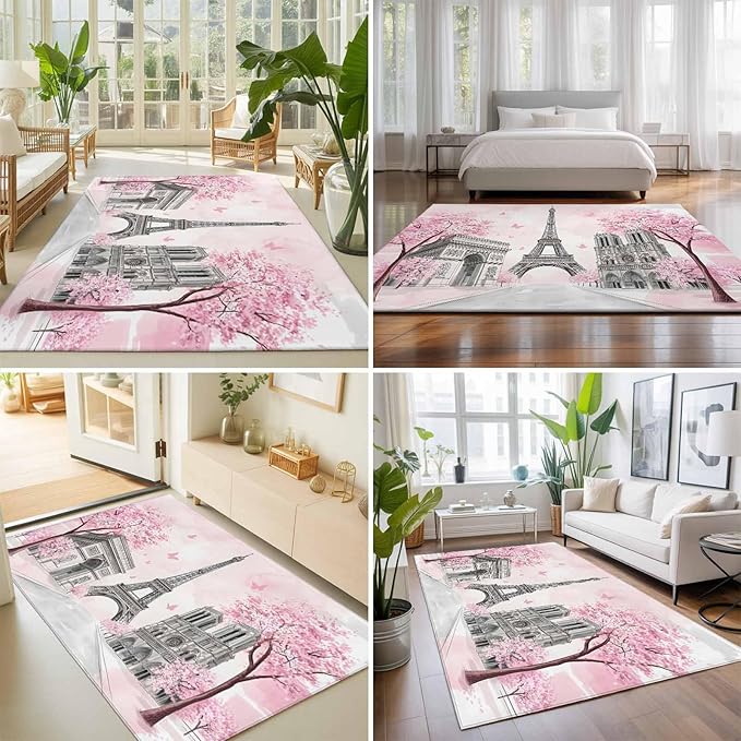 Area Rug 9x12ft, Modern Pink Flower Paris Landmarks Washable Rugs for Living Room Bedroom Rectangle Floor Carpet, Towel Architecture Soft Non-Slip Area Rugs for Dining Room