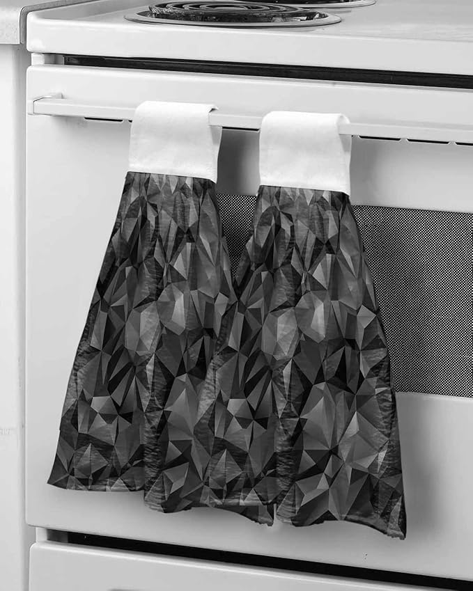 Alandar Home Kitchen Tie Towel Set of 2, Black Geometric Modern Art Absorbent Soft Hand Towels for Bathroom Hanging Towels, Abstract Patterns Seamless Fast Drying Cleaning Cloth with Loop