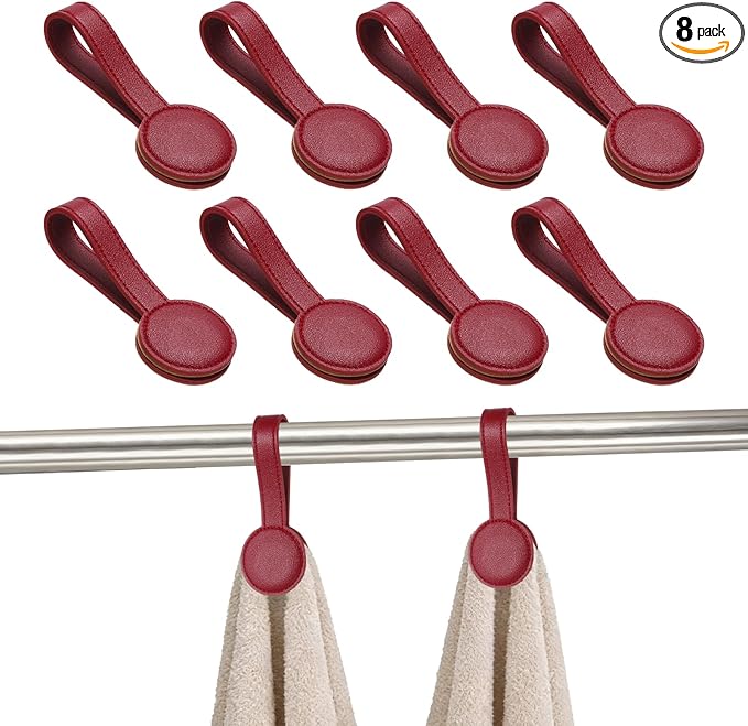 uxcell 8 Pcs Kitchen Magnetic Towel Clips, Leather Towel Holder Clip Multi-Purpose Hand Hooks Kitchen Accessories for Oven Handles Bars Racks, Red