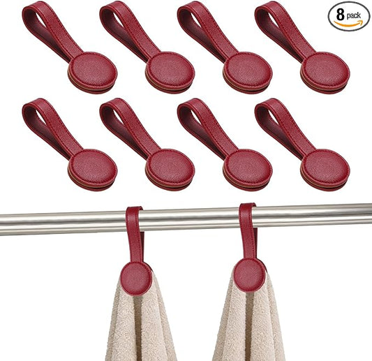 uxcell 8 Pcs Kitchen Magnetic Towel Clips, Leather Towel Holder Clip Multi-Purpose Hand Hooks Kitchen Accessories for Oven Handles Bars Racks, Red