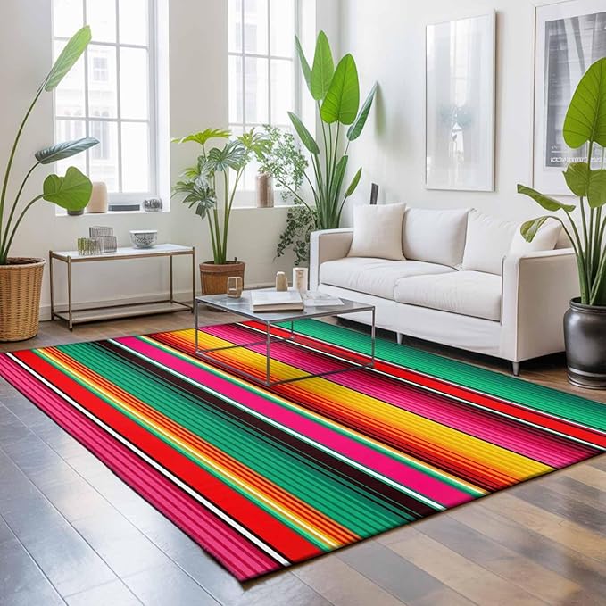 Area Rug 4x6ft, Vintage Mexican Stripes Abstract Washable Rugs for Living Room Bedroom, Native American Stripe Soft Non-Slip Area Rugs Rectangle Floor Carpet for Dining Room