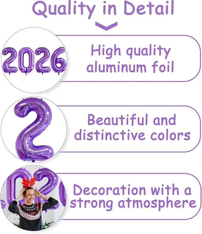 Huge Purple 2026 New Year Balloons 40 Inch 2026 Purple Mylar Foil Helium Number Balloons 2026 Christmas New Year Eve Graduation Party Decorations Supplies