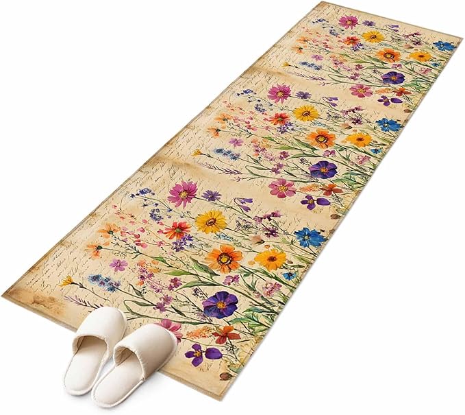 Runner Rug for Bedroom Hallway, Farmhouse Colorful Small Flower Kitchen Runner Rugs Area Rug 2x6ft, Retro Backdrop Seamless Washable Soft Floor Carpet for Entryway Stair
