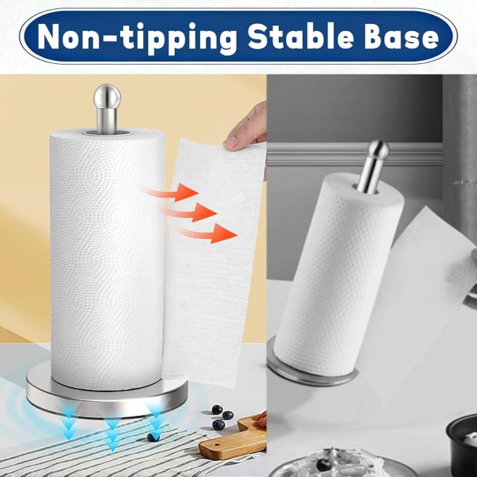 DAWNER Paper Towel Holder Freestanding, Weighted Base with Suction Cups, Easy One-Handed Tear Stainless Steel Brushed Nickel Paper Towel Stand for Kitchen Bathroom Countertop
