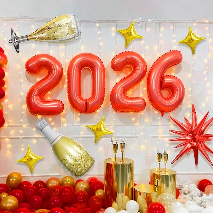 Red 2026 Balloons, 40 Inch Number 2026 Red Foil Balloons, Red and Gold Star Balloon with Champagne Bottle Glass Balloon for Happy New Years Eve Party Supplies 2026 Class of 2026 Graduation Decorations