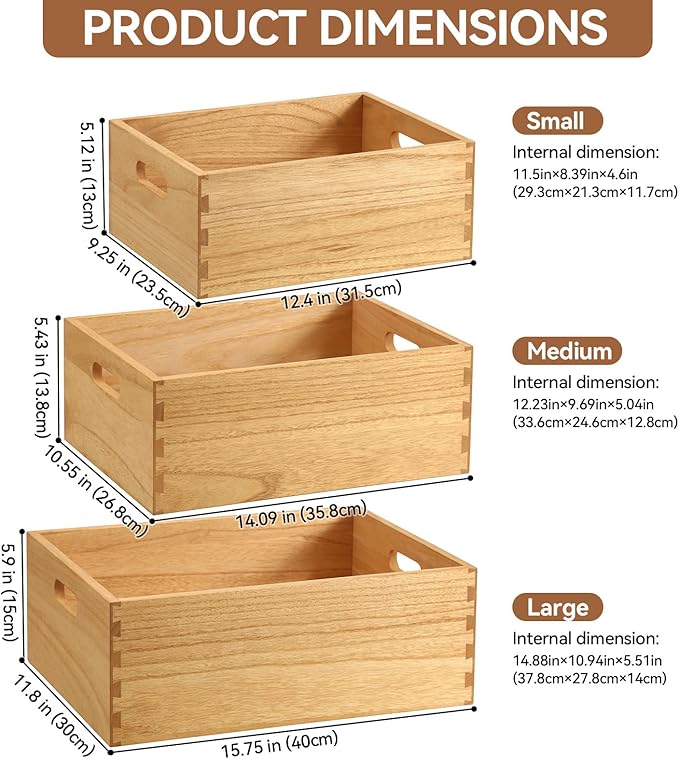 KIRIGEN Nesting Wood Crates with Handles Set of 3 - Farmhouse Decor Wooden Storage Containers/ Portable Rolling Tray Basket/ Crates Decorative Boxes Natural 3TH-NA
