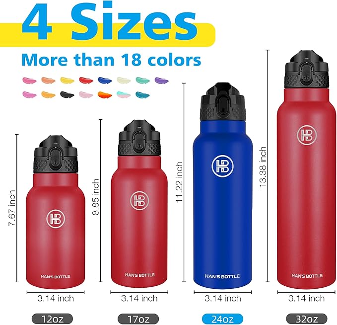 Han's Bottle Sports Water Bottle - 24 Oz, Straw Lid, Leak Proof, Vacuum Insulated Stainless Steel, Double Walled, Thermo Mug,Klein Blue