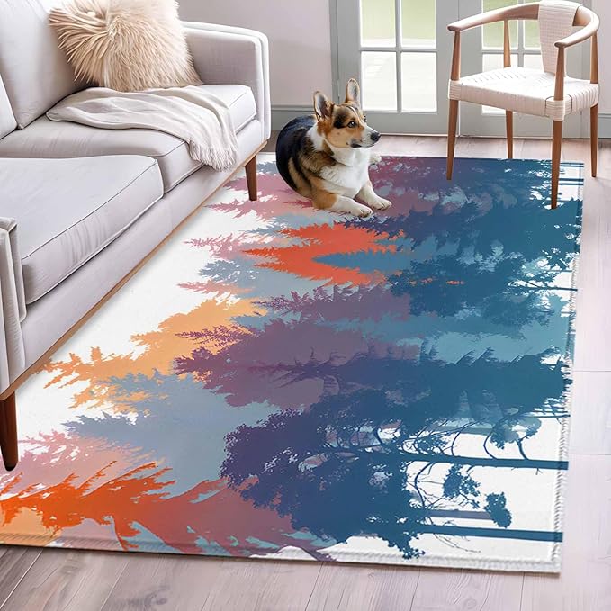 Area Rug 3x5ft, Abstract Trees Forest Silhouette Washable Rugs for Living Room Bedroom, Natural Scene Plants Soft Non-Slip Area Rugs Rectangle Floor Carpet for Dining Room