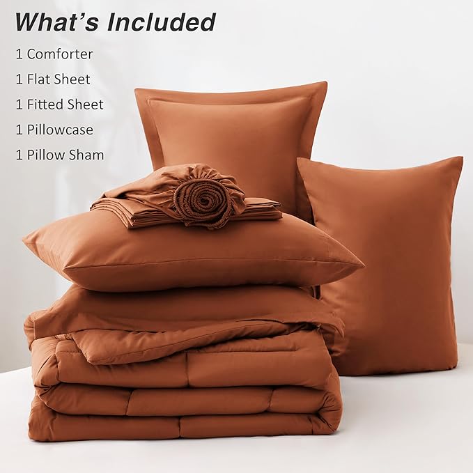 Love's cabin California King Comforter Set Burnt Orange, 7 Pieces California King Bed in a Bag, All Season Bedding Sets with 1 Comforter, 1 Flat Sheet, 1 Fitted Sheet, 2 Pillowcase and 2 Pillow Sham | Comfortable, Soft, Breathable, Lightweight