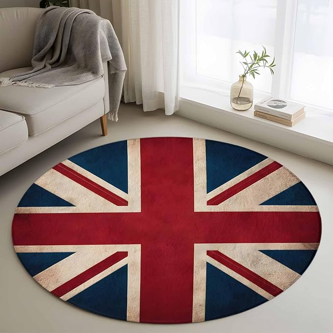 Washable Round Area Rug Vintage Union Jack Flag Circle Rugs Floor Carpet for Living Room Bedroom, Reerto Flags of The United Kingdom Soft Non Slip Round Rug 3ft