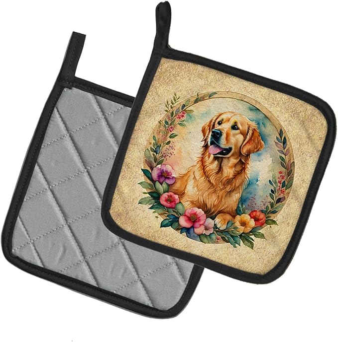 Caroline's Treasures Golden Retriever and Flowers Pair of Pot Holders Kitchen Heat Resistant Pot Holders Sets Oven Hot Pads for Cooking Baking BBQ, 7 1/2 x 7 1/2