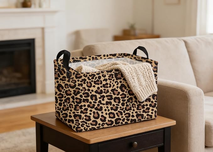 Essme Rectangular Kids Baskets,Leopard Print Storage Box,Cute Basket for Kids with Handles for Room Decor, Book Bins,Shelf Basket.(Leopard Print)