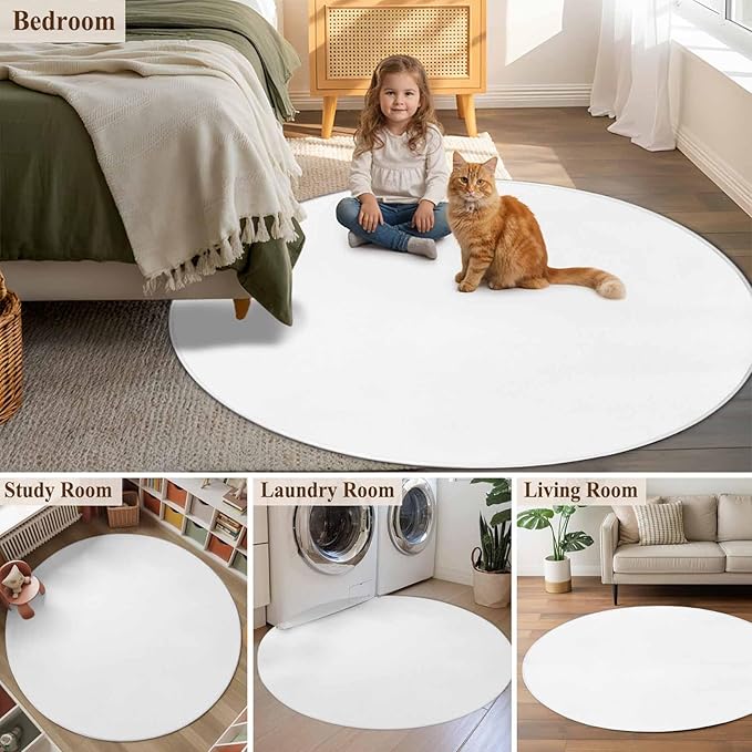 Washable Round Area Rug Pure White Circle Rugs Floor Carpet for Living Room Bedroom, Monochrome Plain Single Bright Color Soft Non Slip Round Rug 5ft