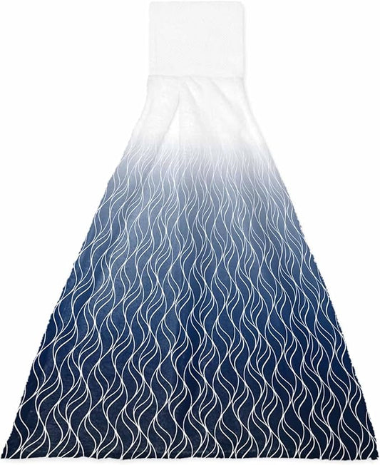 Alandar Home Kitchen Tie Towel Set of 1, Abstract Stripe Blue Gradient Absorbent Soft Hand Towels for Bathroom Hanging Towels, Modern Morocco Wave Line Fast Drying Cleaning Cloth with Loop