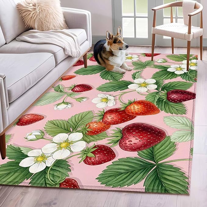 Area Rug 4x6ft, Summer Strawberry Bush on Pink Washable Rugs for Living Room Bedroom, Forest Green Foliage Soft Non-Slip Area Rugs Rectangle Floor Carpet for Dining Room