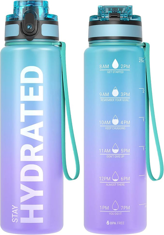 Sahara Sailor Water Bottle, 32/25/17oz Durable and Leakproof Water Bottles Motivational with Time Marker, Tritan, BPA Free, Wide Mouth with Easy Clean Brush for Gym, Travel, School, Office (1 Bottle)