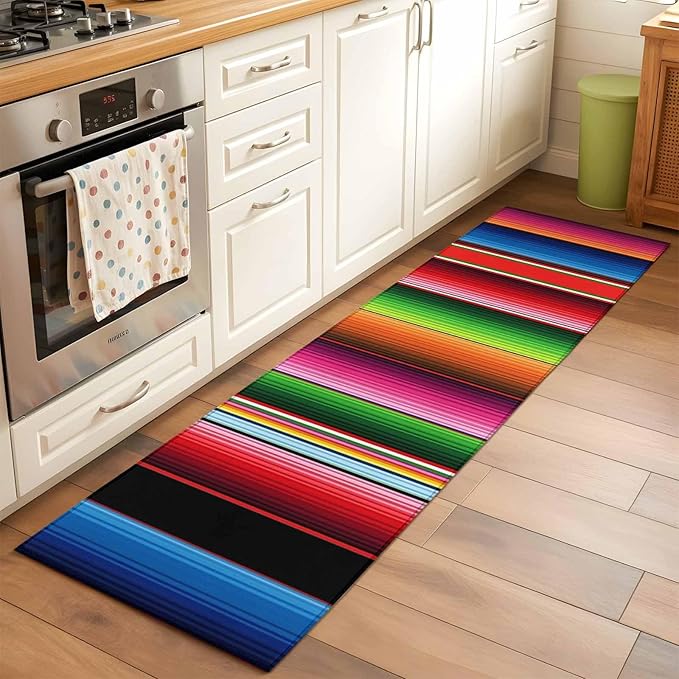 Runner Rug for Bedroom Hallway, Mexico Art Colorful Stripes Kitchen Runner Rugs Area Rug 2x6ft, Color Gradient Lines Washable Soft Floor Carpet for Entryway Stair