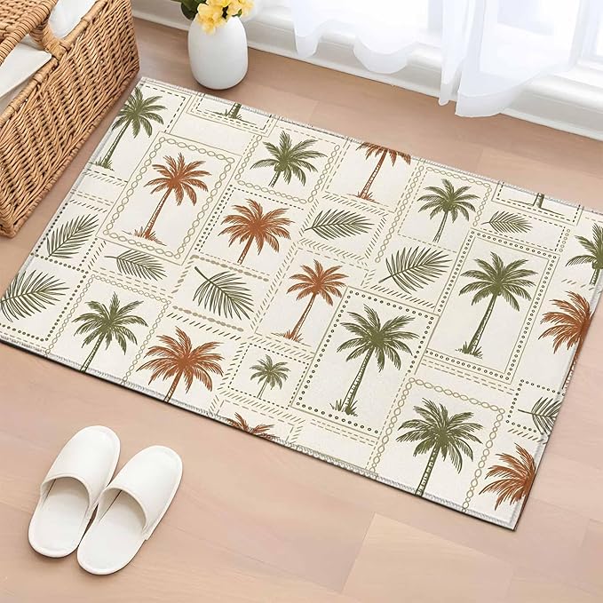Area Rug 2x3ft, Vintage Coconut Tree Palm Leaves Washable Rugs for Living Room Bedroom, Farm Tropical Plant on Beige Soft Non-Slip Area Rugs Rectangle Floor Carpet for Dining Room