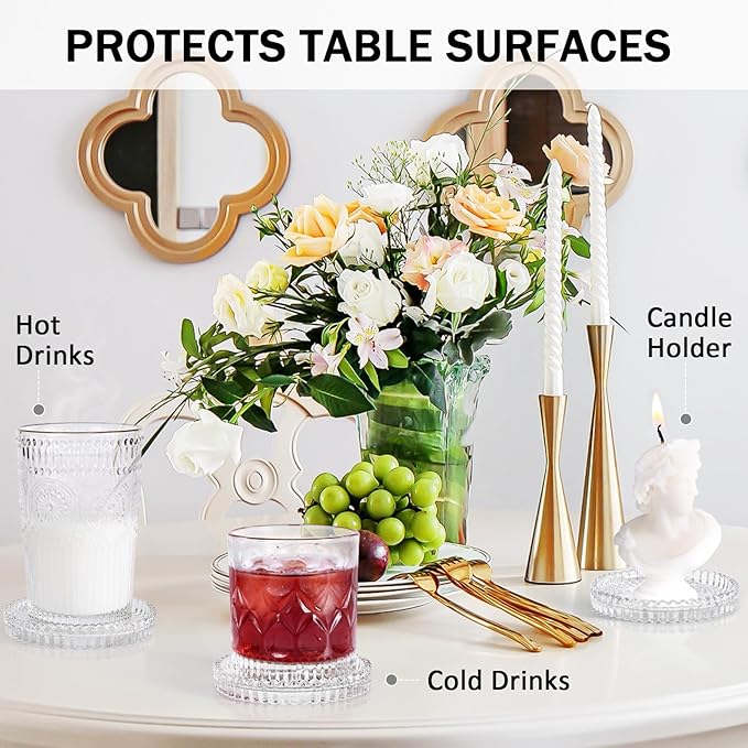 Modern Glass Coasters, GOH DODD Set of 6 Crystal Coasters Tabletop Protection for Drinks, Home Decor, Kitchen, Living Room, Patio, Wedding, Party, Housewarming Gifts, Clear