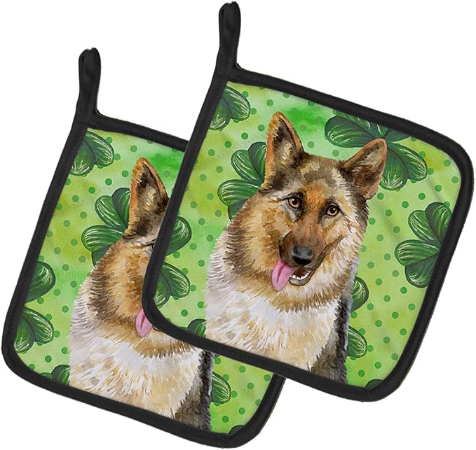 Caroline's Treasures BB9828PTHD German Shepherd St Patrick's Pair of Pot Holders, Green Kitchen Heat Resistant Pot Holders Sets Oven Hot Pads for Cooking Baking BBQ, 7 1/2 x 7 1/2
