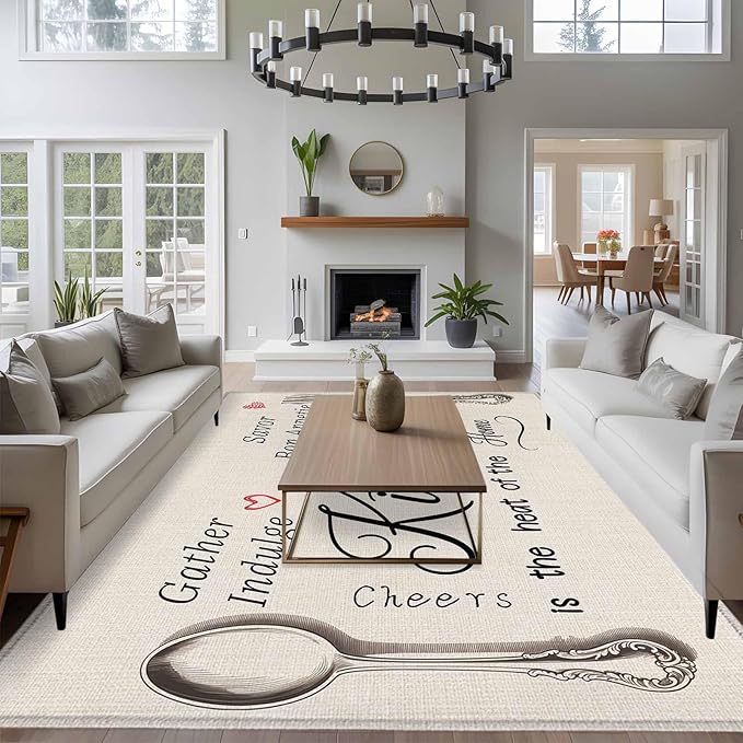 Area Rug 6x9ft, Spoon Fork Vintage Farmhouse Washable Rugs for Living Room Bedroom, Abstract Love Retro Linen Soft Non-Slip Area Rugs Rectangle Floor Carpet for Dining Room