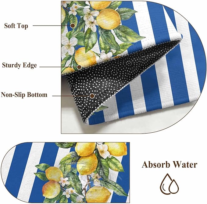 Area Rug 4x6ft, Summer Lemon Green Leaves Watercolor Washable Rugs for Living Room Bedroom, Blue Stripe Soft Non-Slip Area Rugs Rectangle Floor Carpet for Dining Room