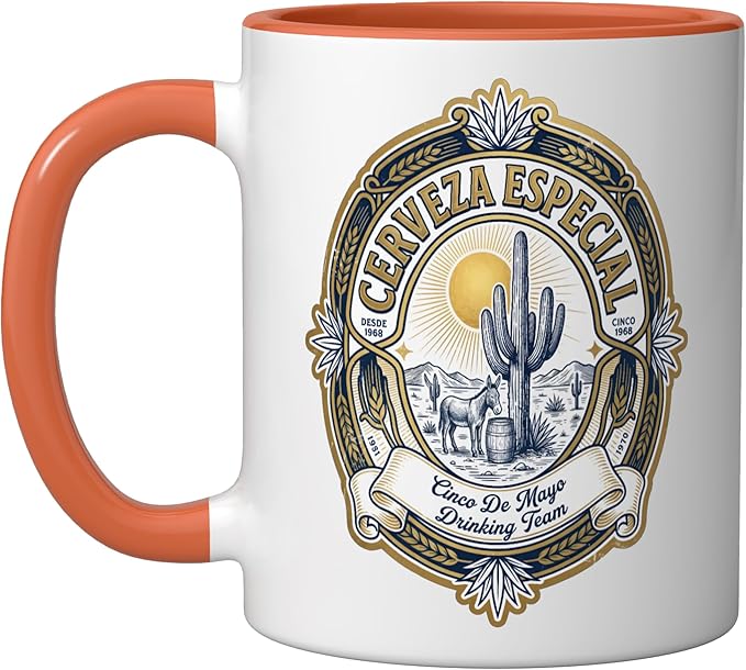 Beer Label Cerveza Cinco De Mayo Drinking Team Ceramic Mug, Orange/White
