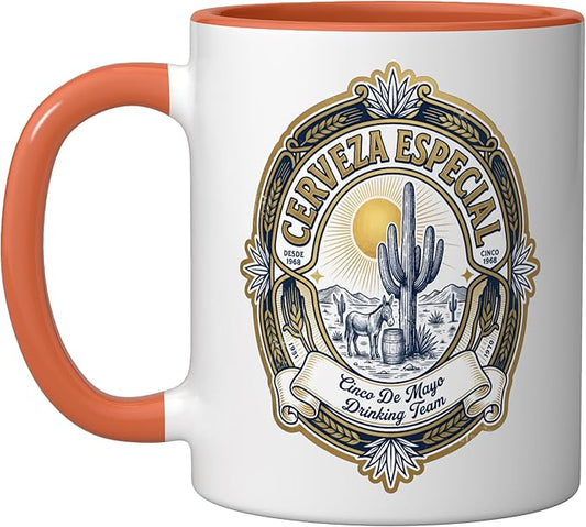 Beer Label Cerveza Cinco De Mayo Drinking Team Ceramic Mug, Orange/White