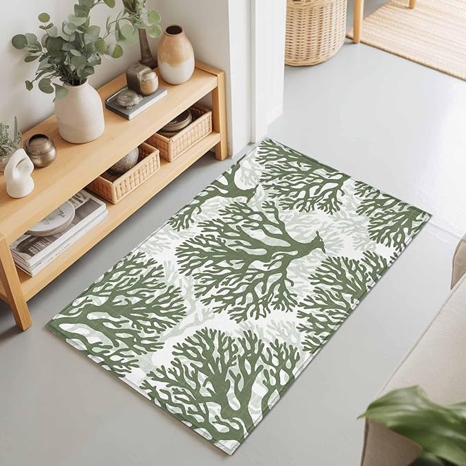 Area Rug 2x3ft, Deep Forest Green Corals Washable Rugs for Living Room Bedroom, Retro Marine Life Soft Non-Slip Area Rugs Rectangle Floor Carpet for Dining Room