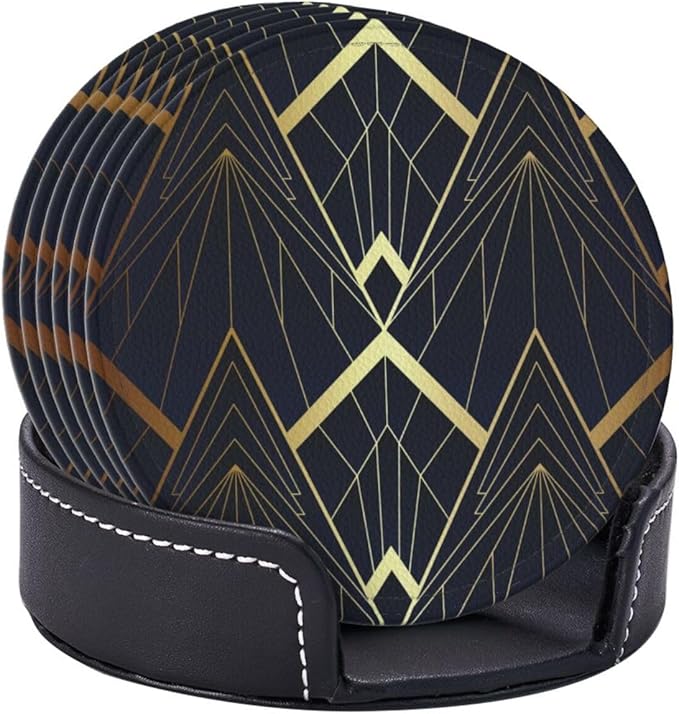 Abstract Art Deco Leather Drinks Coasters with Holder, Set of 6, Suitable for Various Cups