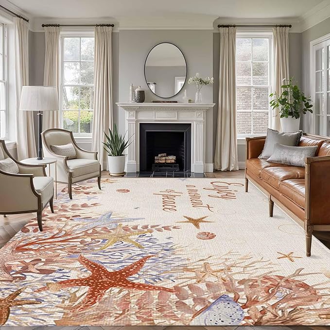 Area Rug 6x9ft, Orange Marine Starfish Coral Seaweed Washable Rugs for Living Room Bedroom, Peace Quote on Linen Soft Non-Slip Area Rugs Rectangle Floor Carpet for Dining Room