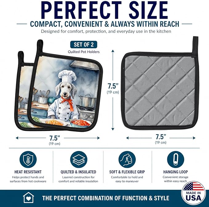 Caroline's Treasures Bedlington Terrier The Chef Pair of Pot Holders Kitchen Heat Resistant Pot Holders Sets Oven Hot Pads for Cooking Baking BBQ, 7 1/2 x 7 1/2