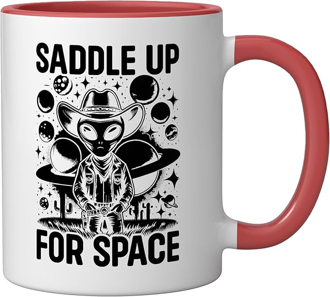 Alien Lover Flying Saucer UFO Extraterrestrial Cowboy Ceramic Mug, Red/White