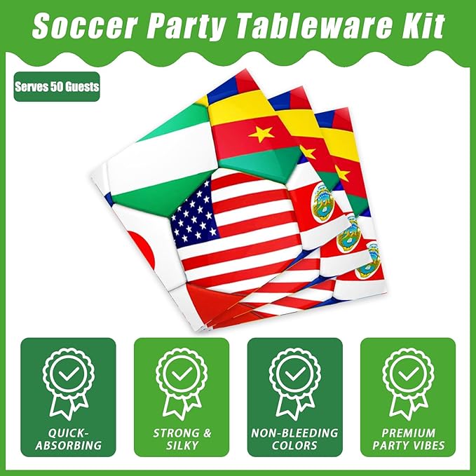 200Pcs World Cup Party Tableware Set, 2026 Soccer Ball Party Decorations Soccer Sports Events Festivals Supplies for International World Flags Disposable Paper Plates Napkins Forks Favors, Serve 50