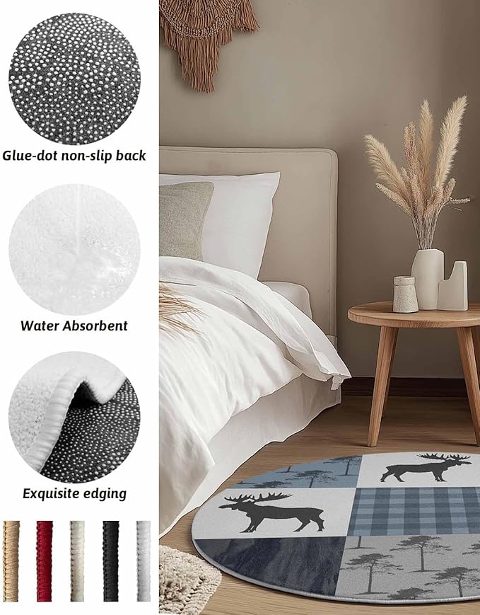 Round Area Rug,Elk Bear Jungle Animal Shadow Circle Living Room Rug Non-Slip Rugs Indoor Carpet,Retro Blue Plaid Soft Comfort Rugs for Bedroom KidsRoom Nursery