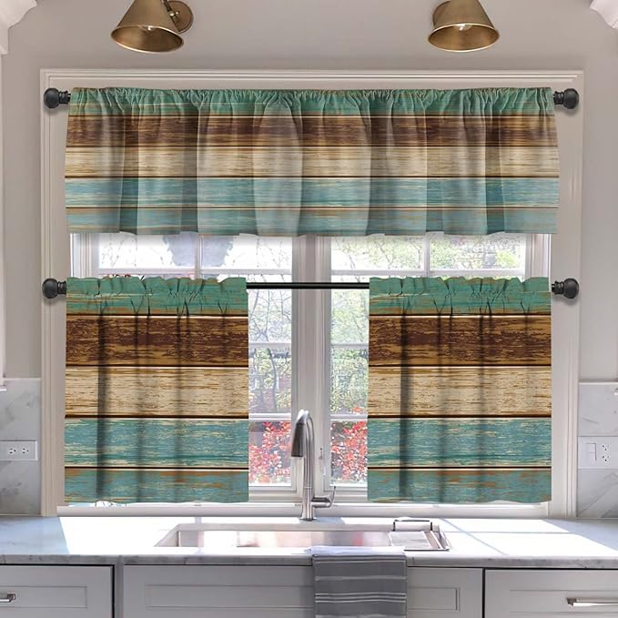 MCALK Teal and Brown Blackout Kitchen Curtains Tiers and Valances for Windows, Farmhouse Kitchen Window Curtains, Wooden Texture Valances for Living Room (36" Tiers Set)