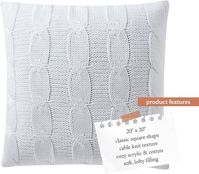 Indigo Ink Off-White Cable Knit Decorative Pillow - 20" x 20" | Square Throw Cushion for Couch, Chair, Bed | Textured Knitted Cover | Cozy Classic Home Decor | Soft Plush Filling | Panther Collection