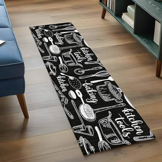 Black Kitchen Tools 2x6 Kitchen Runner Rug, Modern Cooking Utensil Non-Skid Rubber Backing Large Area Rugs - Living Room Bedroom Home Office, Farmhouse Cookware Indoor Floor Mat Carpets Washable Rug