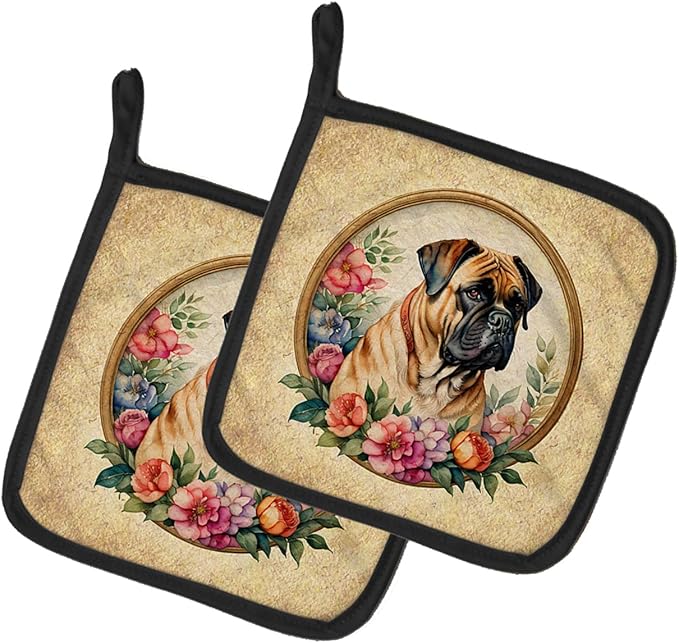 Caroline's Treasures Bullmastiff and Flowers Pair of Pot Holders Kitchen Heat Resistant Pot Holders Sets Oven Hot Pads for Cooking Baking BBQ, 7 1/2 x 7 1/2