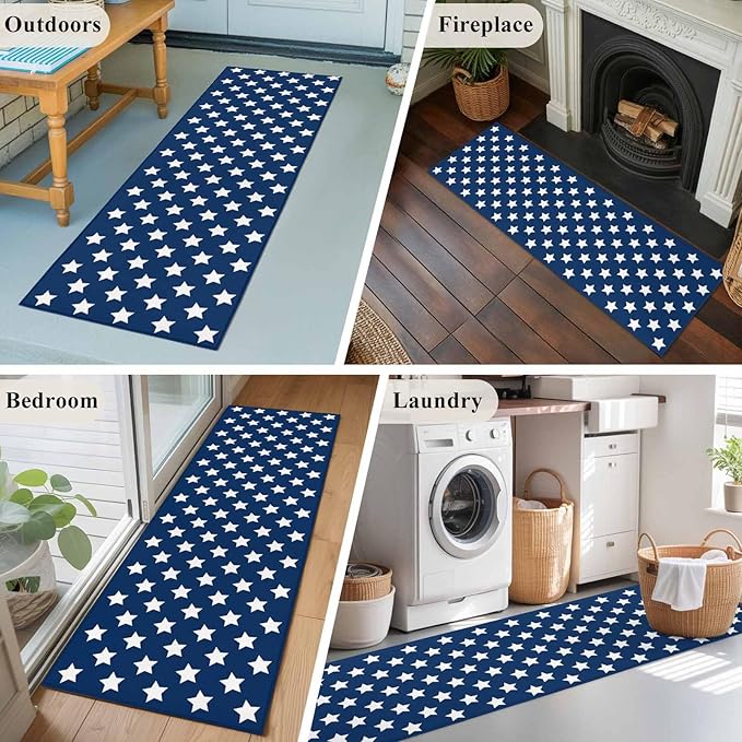 Runner Rug for Bedroom Hallway, 4th of July White Star on Navy Blue Kitchen Runner Rugs Area Rug 2x6ft, Independence Freedom Liberty Washable Soft Floor Carpet for Entryway Stair