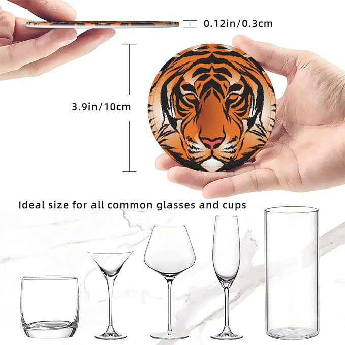 Bengal Tiger Leather Drinks Coasters with Holder, Set of 6, Suitable for Various Cups