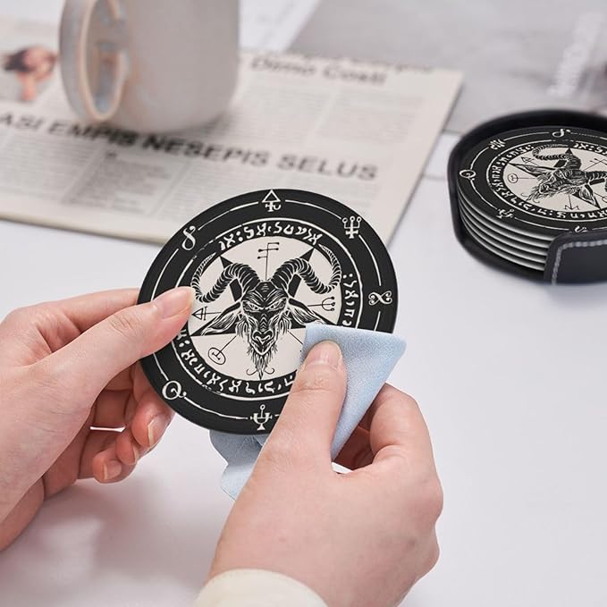 Satanic Goat Star Leather Drinks Coasters with Holder, Set of 6, Suitable for Various Cups